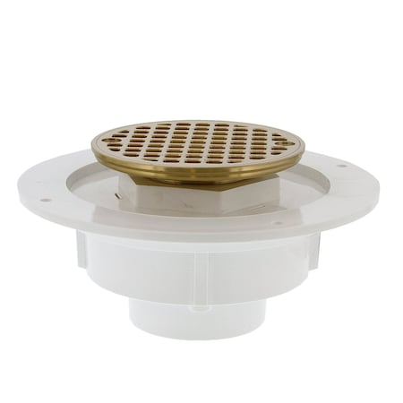 Jones Stephens 2in. PVC Shower Drain with 2in. Brass Spud and 4in. Round Polished Brass Strainer D50712